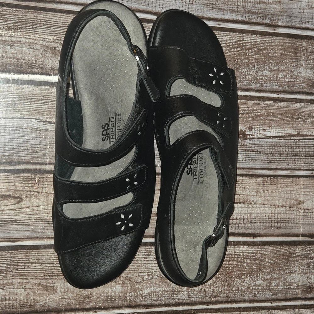 Sz 7.5 W Womens SAS Quatro Black Leather Strappy Wedge Comfort Sandals VGUC! - Picture 5 of 7